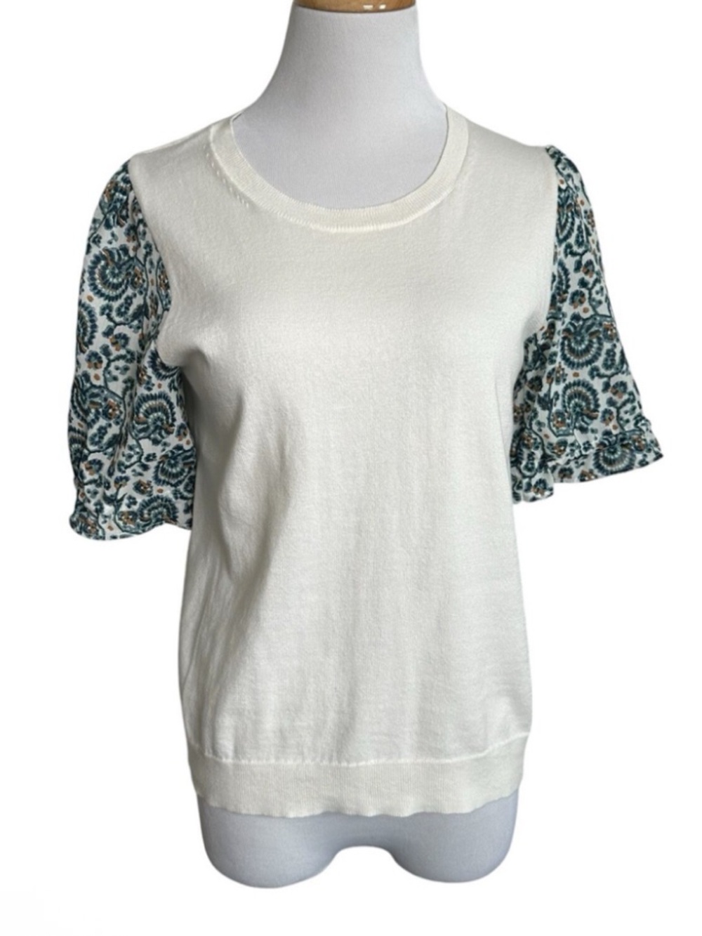 J. Crew Ivory Knit Top with Teal Paisley Puff Sleeves